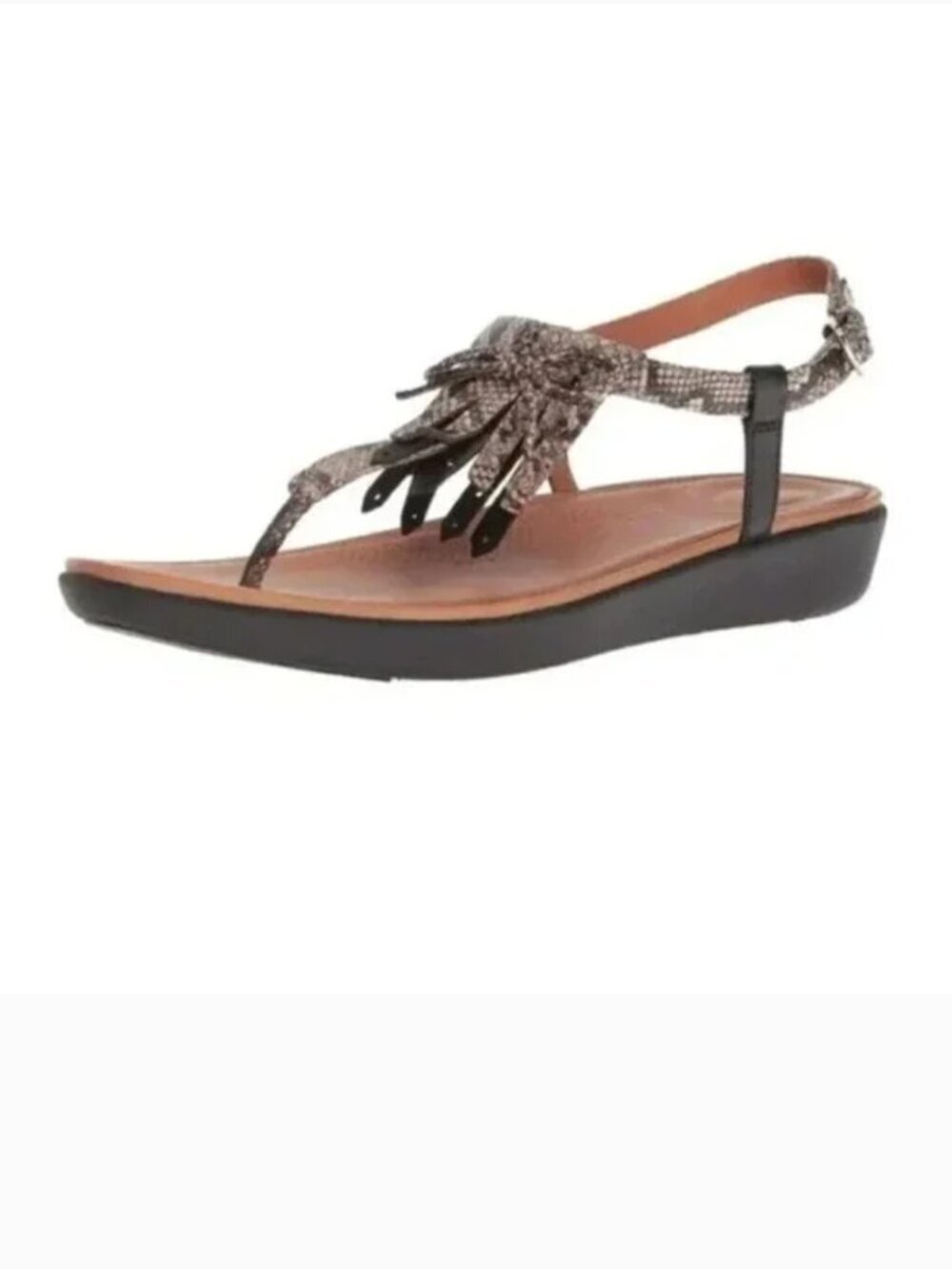 Fitflop Womens Tia Sandals size 8 black leather & Python fringe thongs